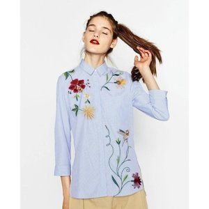 Zara Embroidered Button Up Shirt Blue White Stripe Floral Bird XS